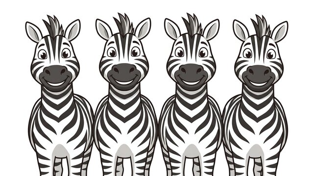 Cartoon zebra characters in a row, four smiling zebras with black and white stripes, cute safari animal illustration for kids