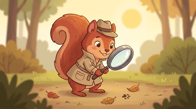 Cute squirrel detective illustration, cartoon animal character with magnifying glass and trench coat, forest investigator exploring nature