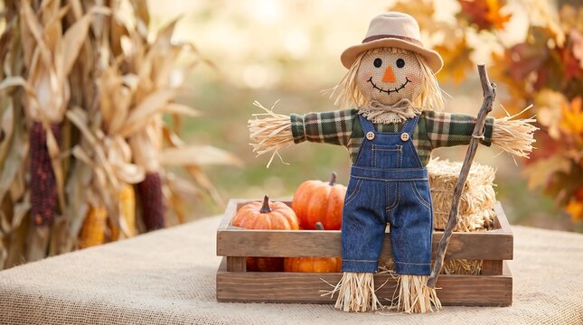Rustic autumn scarecrow decoration, smiling harvest scarecrow with pumpkins in wooden crate, fall seasonal garden display