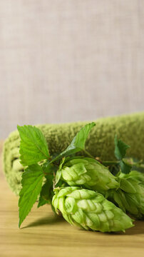 Fresh hop cones and a green towel on a wooden surface in a kitchen setting
