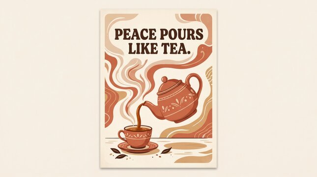 A beautifully designed vintage poster features a teapot gently pouring tea into a waiting cup with the message peace pours like tea