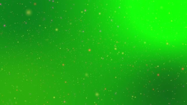 Seamless looping video motion graphic featuring glowing colorful particles floating over a vibrant green gradient background. Ideal for futuristic tech backdrops, stage shows, and visual effects.
