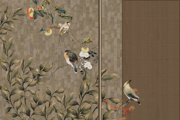 Luxury Chinoiserie Birds and Botanical Panel on Brown Textured Background - Asian Style Wall Mural © Mondal_01