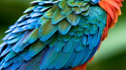 Obraz premium Colorful feathers of a parrot showcasing vibrant blue and orange hues.