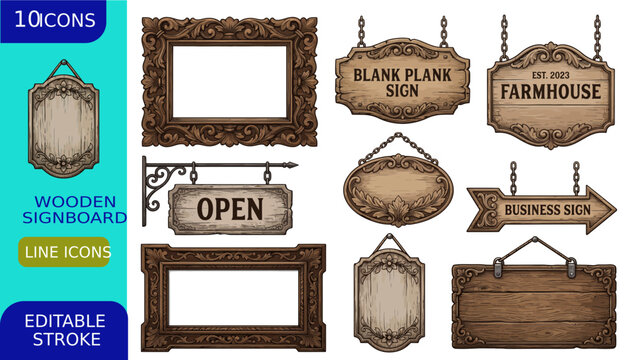 Collection of 10 rustic wooden signboards and frames, including hanging business signs and blank plaques, for vintage design.