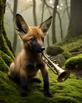A moss toned maned wolf pup  fantasy animal, digitally created, in a rune carved glen playing a trumpet. 