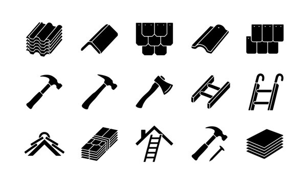 Roofing construction icons set, professional roof repair tools and materials, 15 black vector silhouettes for building industry