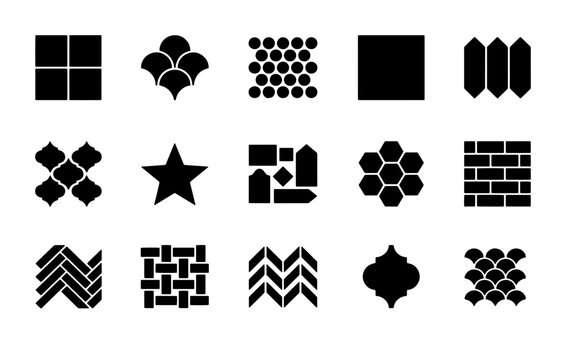 Geometric floor tile patterns, 15 black ceramic tiling icons, bathroom and kitchen backsplash mosaic vector set