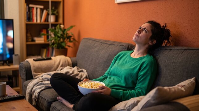 A woman sits on a couch with a bowl of popcorn, looking bored while watching television.