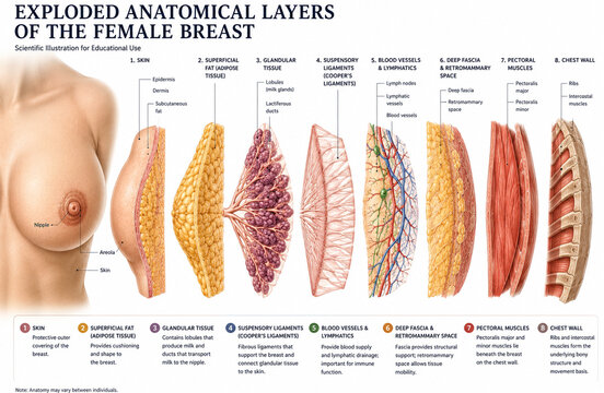 Exploded Anatomical Layers of the Female Breast Showing Mammary Glands, Ducts, Fat, Lymphatics and Chest Wall