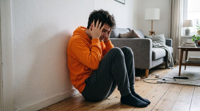 A young man sits hunched over with his hands on his head, appearing distressed and isolated in a living room.
