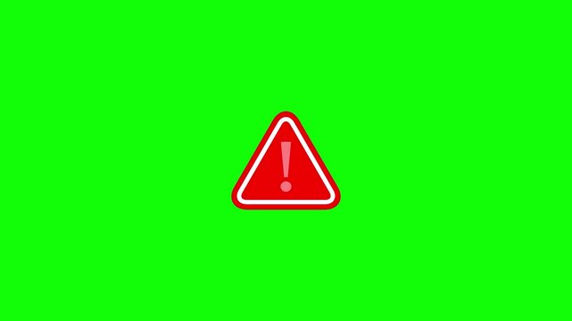 Red warning triangle sign animation with exclamation mark on green screen background, alert caution danger