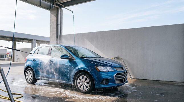 セルフ洗車場で車を洗う休日のカーケア