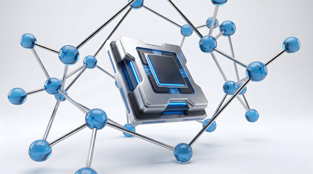 Futuristic electronic processor chip surrounded by molecular structure 3D render