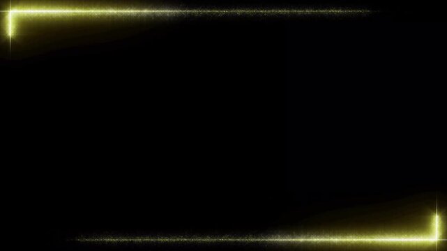 Glowing golden particle border lines forming square frame, luxury gold stardust rectangle overlay animation, romantic wedding photo border graphic, glowing glitter frame on black background. 4k video