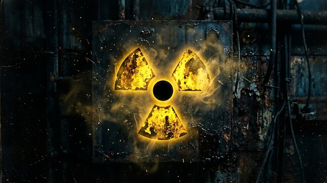 Glowing yellow radiation symbol on dark industrial background, nuclear hazard warning sign.