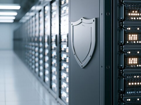 Ransomware recovery drill taking place in a clean data center aisle with server racks and blinking equipment