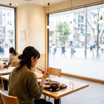 一人でランチを楽しむ日本人と外食の日常