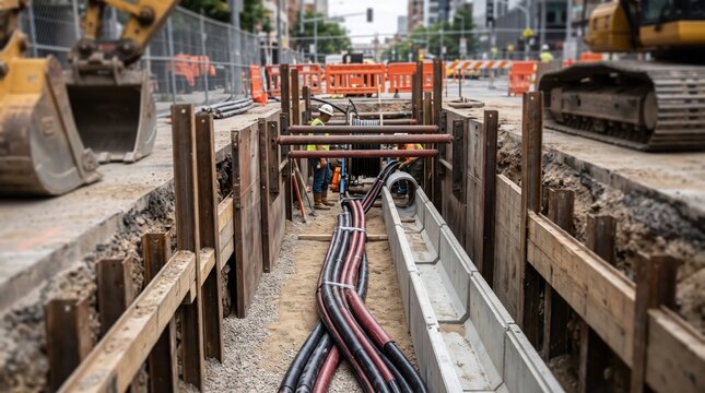 Underground electrical cables installed in a deep construction trench for modern urban power infrastructure and energy network development.