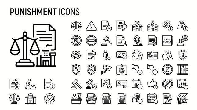 Set of punishment icons, legal and justice line icons contains icons such as judge, prison, law, fine, license revoked, house arrest, court, and more