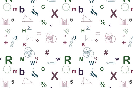 Mathematical seamless pattern with algebra symbols and geometry diagrams. Science education background with numbers and formulas. Vector math texture.