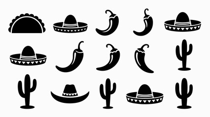 Naklejka premium Vibrant black with high contrast icon collection featuring stylized traditional headwear silhouetted cacti arranged clean elongated peppers silhouetted