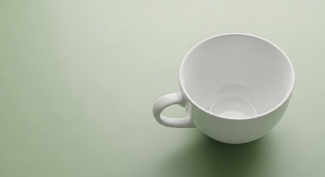 A clean empty white ceramic tea cup isolated on a soft pastel sage green background for mockups