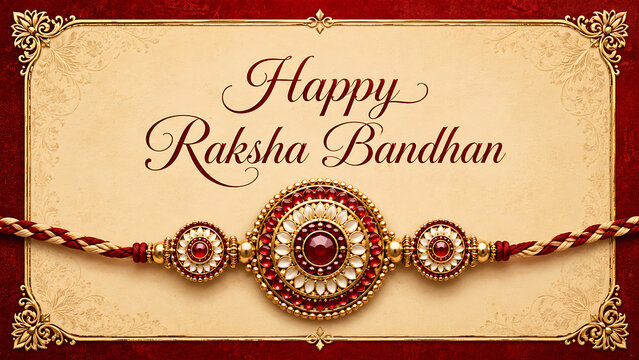 Traditional red background with intricate golden borders presenting an elegant rakhi for happy raksha bandhan greetings to celebrate the auspicious shravan purnima