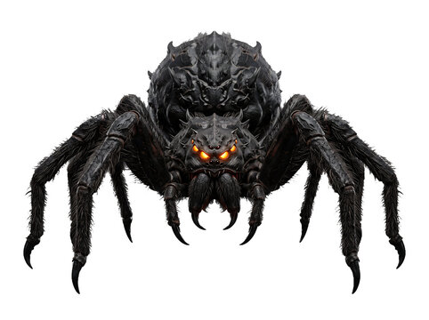 Fantasy monster spider with glowing orange eyes isolated on black