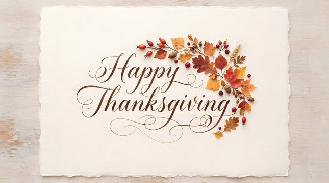 A beautiful and heartwarming happy thanksgiving greeting with fall foliage and elegant calligraphy