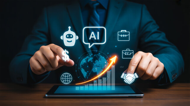 Businessman Interacting with Artificial Intelligence Analytics and Digital Growth Charts on Tablet