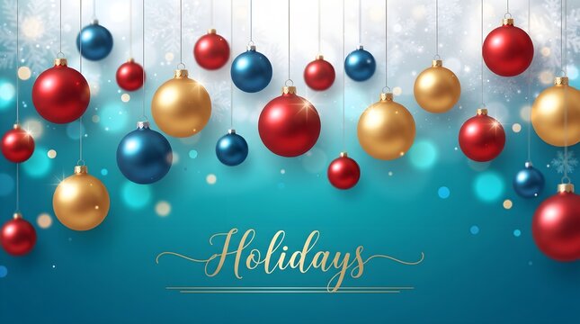A beautiful and festive holiday background featuring shimmering ornaments and a vibrant blue gradient