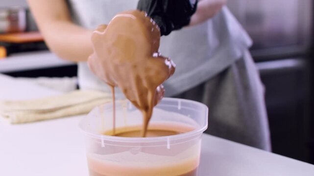 Pastry topping. Icing treat. Baker hand dipping shaped gingerbread man cookie in sweet brown liquid. Confectionery decoration occupation.