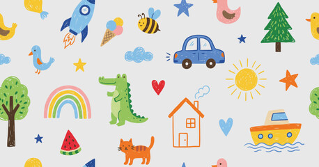 Naklejka premium A playful pattern features rockets animals and fruit among other illustrations
