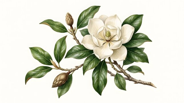 White Magnolia flower branch with green leaves, botanical watercolor illustration isolated.