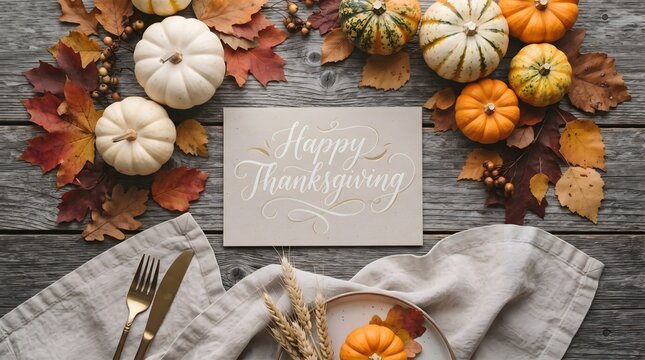 A festive thanksgiving table setting with pumpkins autumn leaves and a blank place card