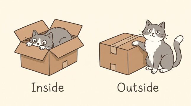 Educational cat illustration showing inside and outside prepositions, cute gray kitten with cardboard boxes, learning English grammar concept