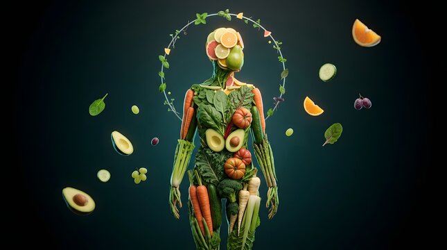 Human figure made of fresh fruits and vegetables, healthy nutrition and wellness concept.
