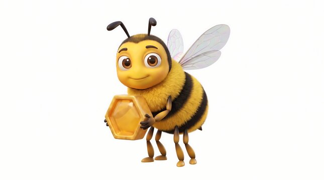 Cute 3D honey bee character holding a honeycomb, friendly bumblebee mascot on white background, fuzzy yellow and black insect