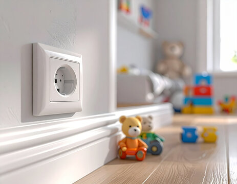 Enchufe el&eacute;ctrico en una habitaci&oacute;n infantil, s&iacute;mbolo de riesgo y prevenci&oacute;n. Concepto de seguridad el&eacute;ctrica en el hogar, protecci&oacute;n de los ni&ntilde;os y prevenci&oacute;n de accidentes dom&eacute;sticos en la infancia
