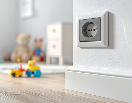 Enchufe el&eacute;ctrico en una habitaci&oacute;n infantil, s&iacute;mbolo de riesgo y prevenci&oacute;n. Concepto de seguridad el&eacute;ctrica en el hogar, protecci&oacute;n de los ni&ntilde;os y prevenci&oacute;n de accidentes dom&eacute;sticos en la infancia