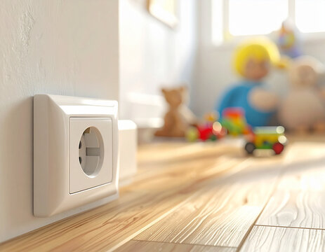 Enchufe el&eacute;ctrico en una habitaci&oacute;n infantil, s&iacute;mbolo de riesgo y prevenci&oacute;n. Concepto de seguridad el&eacute;ctrica en el hogar, protecci&oacute;n de los ni&ntilde;os y prevenci&oacute;n de accidentes dom&eacute;sticos en la infancia