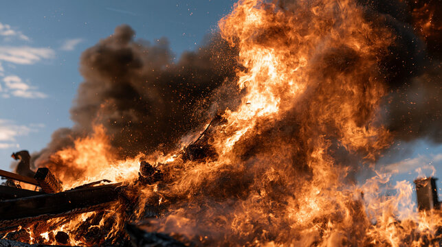 Close up scene of a large bonfire with bright flames and sparks under an open sky no people bright large bonfire bright flames flying sparks outdoor fire celebration