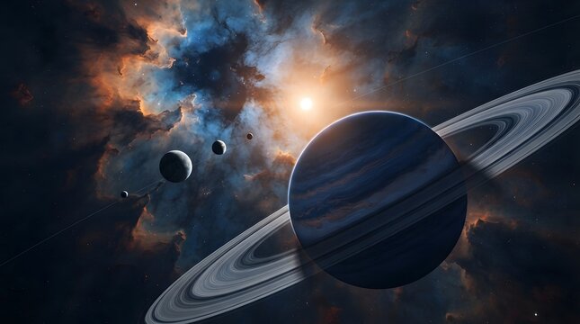 Gas giant planet with rings orbiting in deep space with distant moons and nebula clouds