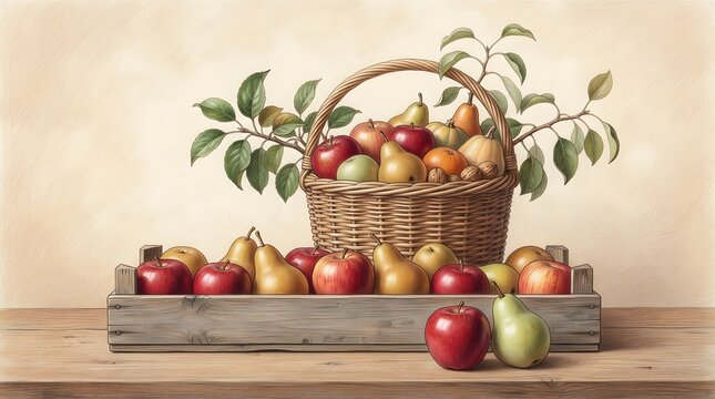 Colored pencil drawing of autumn fruits in a wicker basket and wooden crate on table