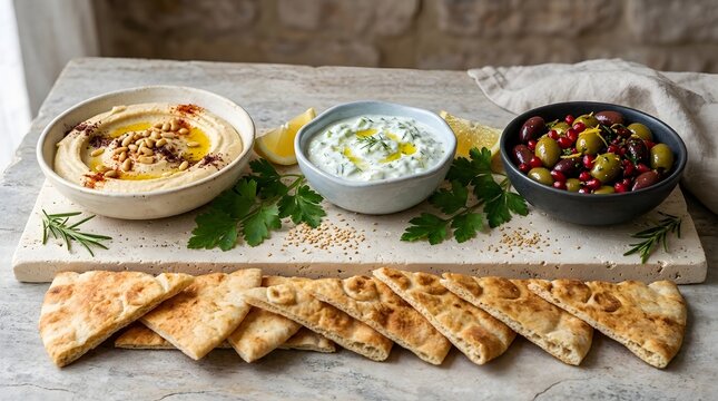 Mediterranean Mezze Platter with Hummus Tzatziki and Olives Served with Fresh Pita Bread