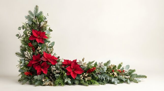 Christmas corner arrangement with red poinsettia flowers and festive evergreen foliage
