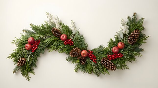 Christmas botanical garland with red berries and pine cones on a white background