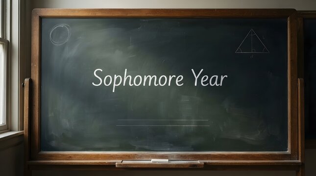 Sophomore Year written in white chalk on a vintage classroom chalkboard background.