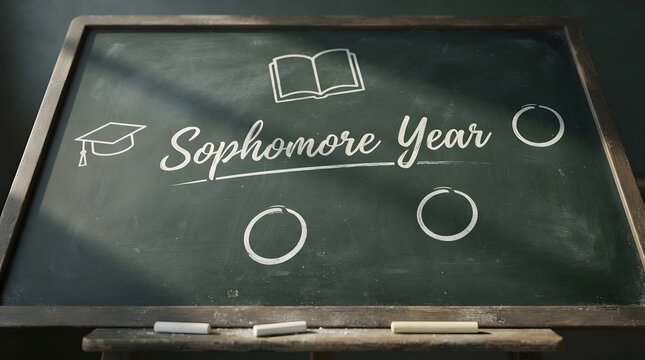 Sophomore Year written on a classroom chalkboard with hand drawn graduation cap and book.